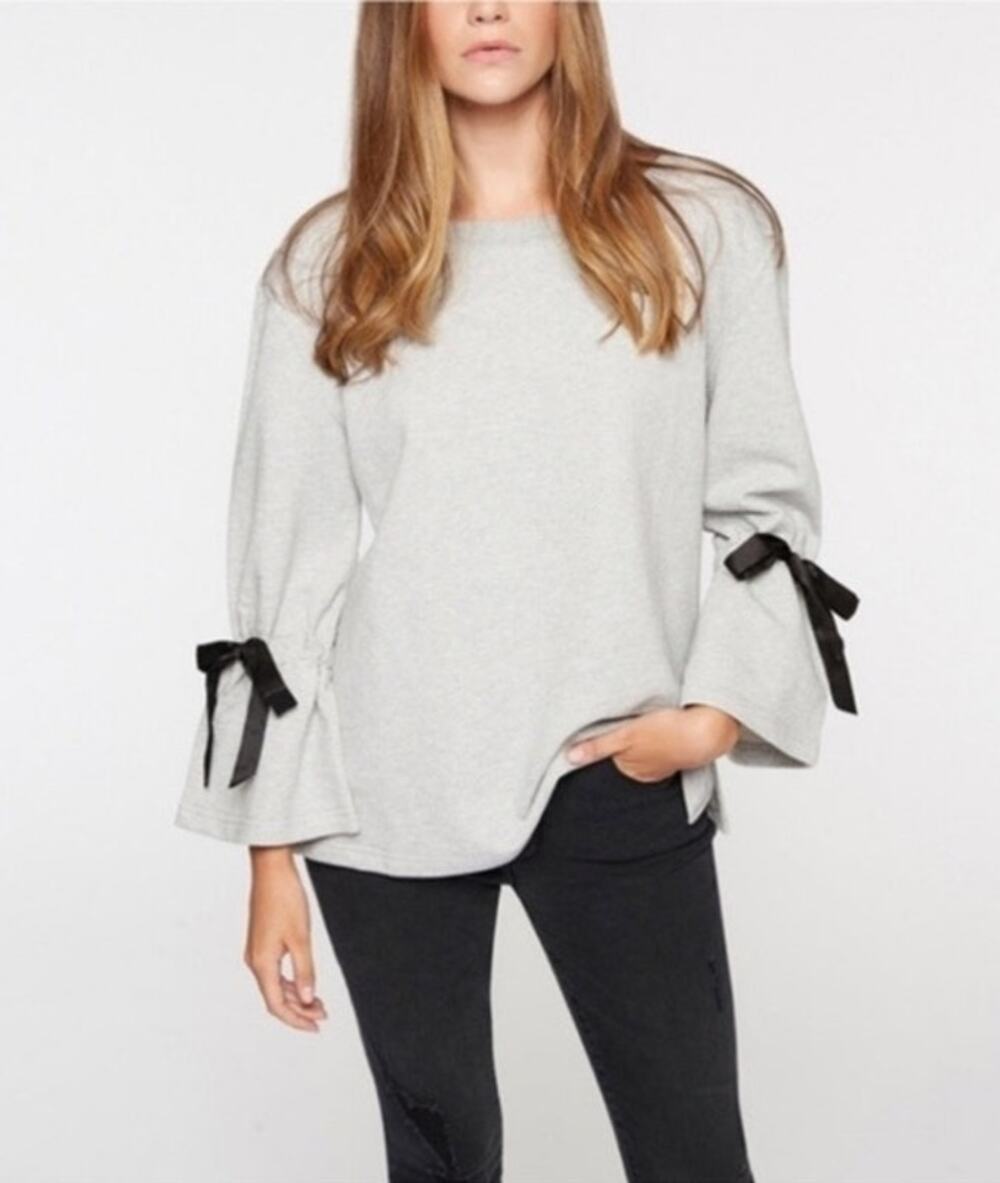 Sanctuary Tierney Ribbon Sleeve Sweatshirt Black Scoop Neck Bell Sleeve